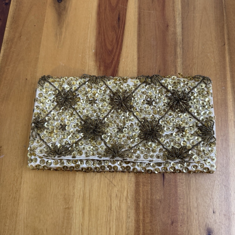 Gary Gail Vintage Gold Cream Sequin Bead Satin Evening Clutch Collectible Boho